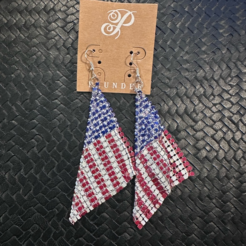 Plunder Red White Blue Rhinestone Flag Dangle Earrings